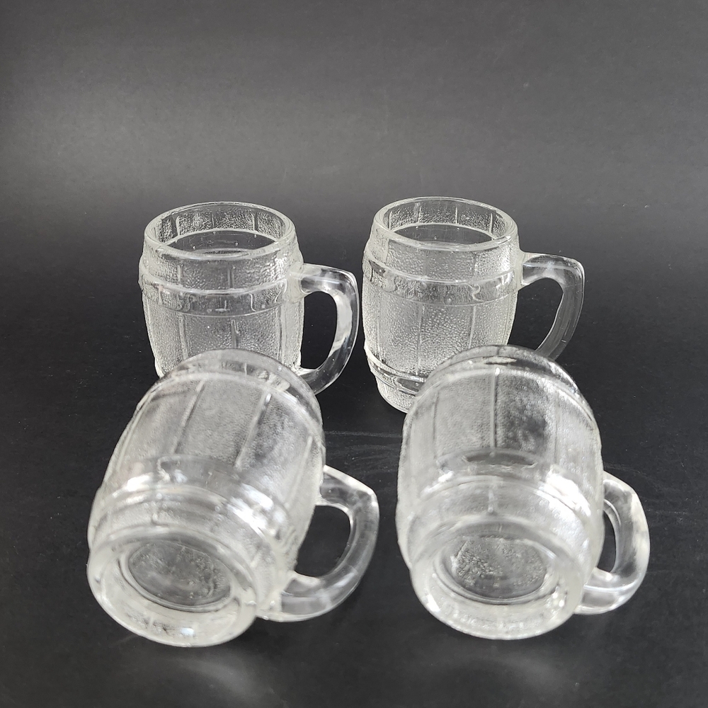 Set of 4 Vintage Textured Barrel Glass Shot Cups | Clear Pressed Glass Barware